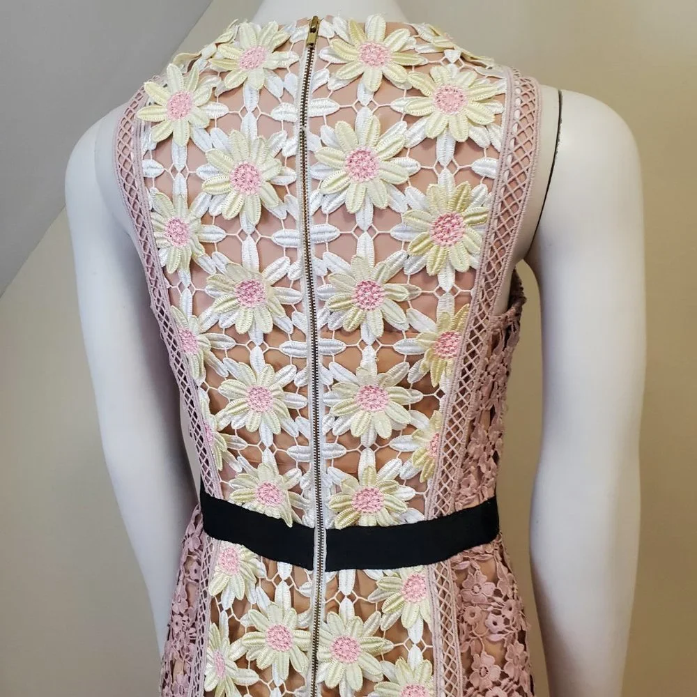 Self Portrait Daisy Floral Applique Lace Nude Illusion Midi Dress Wedding Size 6 - Picture 6 of 13